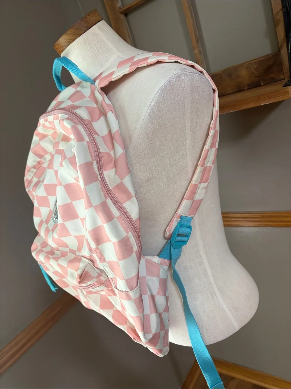 Pura Vida Pink and White Checkerboard Backpack with adjustable straps